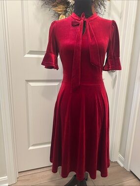 Ranphee Holiday Red Velvet Tie-Neck Fit & Flare Dress Size Small